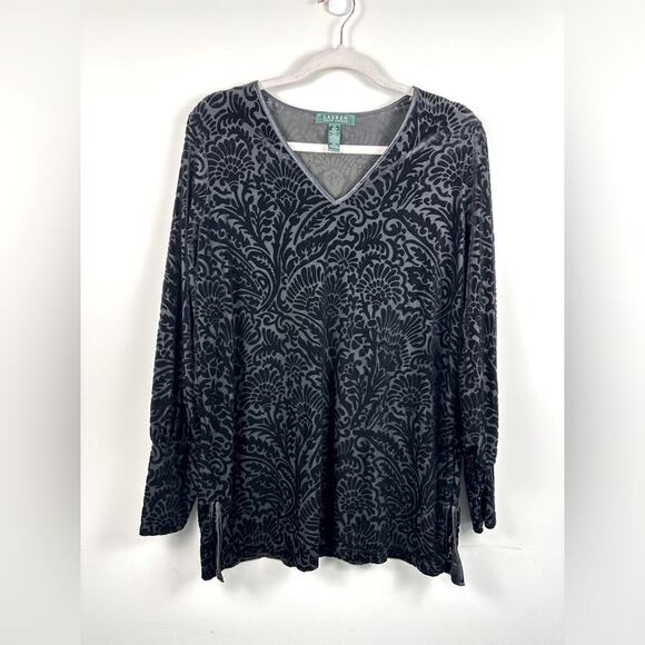 Lauren Ralph Lauren Tops - Lauren Ralph Lauren 1X Velvet Burnout Floral Black Tunic Blouse